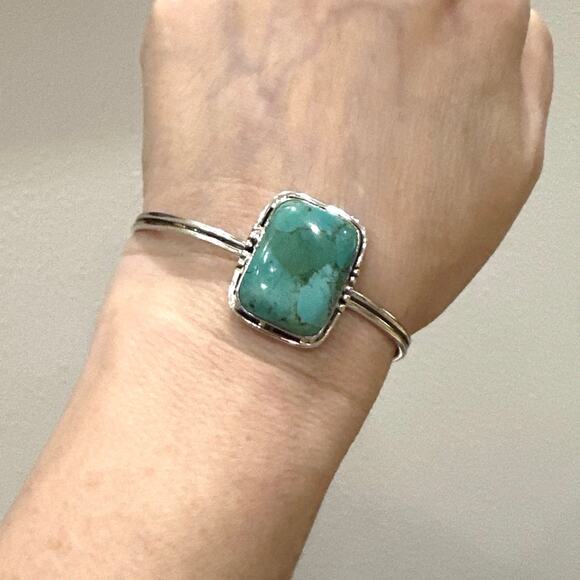 Square Green/Blue Turquoise Cuff 925 Silver Bracelet 1” Adjustable - Picture 6 of 7
